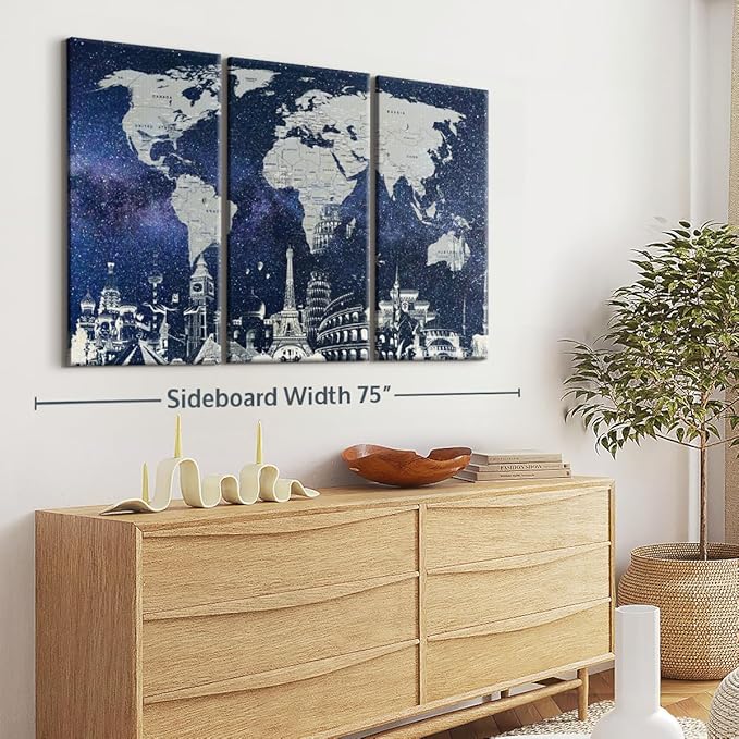 ElephantStock Starry World Map Multi Piece Canvas - 3 Panel Wall Decor - Map of the World Art - Canvas for the Office and Home - 65" X 42"