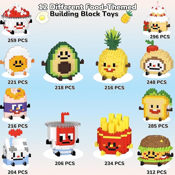 12 Packs Food Building Block Sets, Food Micro Set, Mini Fruit Figurines Building Blocks, Food-Themed Micro Blocks Building Set for Adults Home Decor