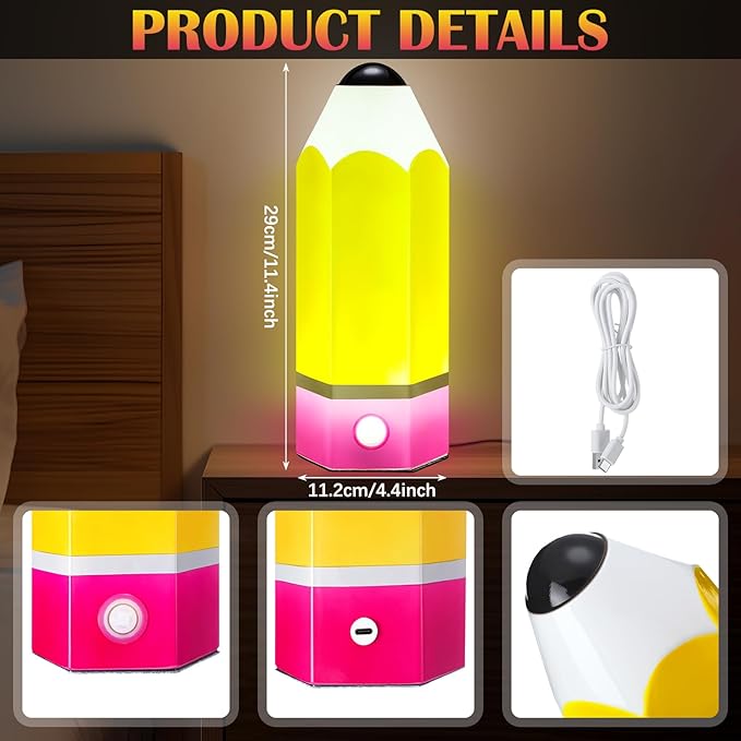 VIHOSE Classroom Pencil Lamp Glass LED Design Classroom Lamp for Teachers Students Gifts 11.4" Adjustable Multicolor Night Light Supplies for Christmas Holiday Gift Desk Home Bedroom Table Decoration