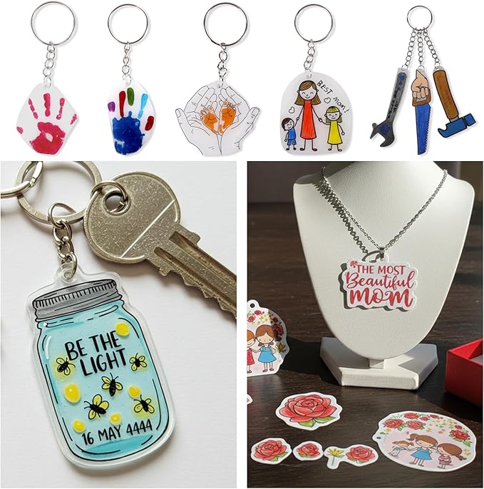 Auihiay 145 Pieces Shrink Plastic Sheet Kit Include 20 PCS Shrinky Paper with 125 PCS Keychains Accessories for Kids Creative Craft, Easter Mother Day Ornament