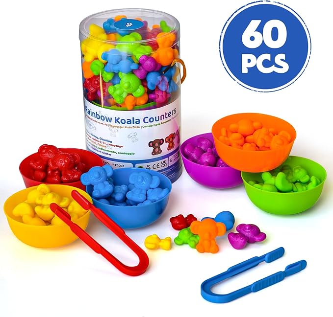 Counting Toys for Toddlers, 60 Rainbow Koala Counters w/Sorting Bowls, Color Sorting, Counting & Math Manipulatives, Preschool Homeschool & Classroom Early Learning Supplies