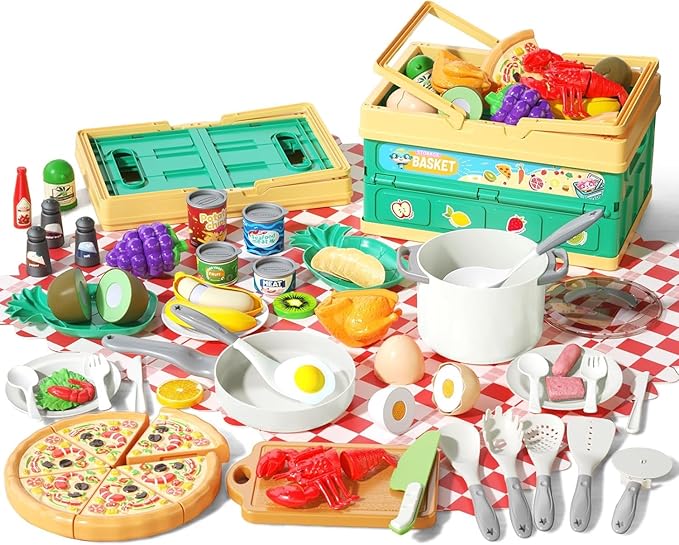 80Pcs Kitchen Playset, Toddler Pretend Cooking with Pots, Pans, Cookware, Food, Picnic Blanket, Fruits, Veges, Shopping Storage Basket, Dessert , Learning Gift for Girls Boys (White)
