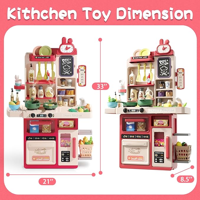 Kids Kitchen Playset Set, 63PCS Pretend Play Kitchen Toys for Toddlers, Cooking Stove with Steam Sound Light, Play Sink with Manual Faucet, Play Food Accessories Gift for Girls, 33’’H Red