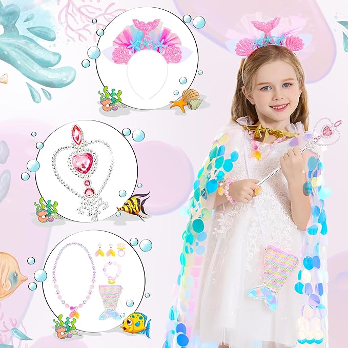 Princess Dress Up Toys Princess Dress Up Clothes Rainbow Mermaid Cape Kit 9 Pcs Gift Set for Little Girls 3-8 Years