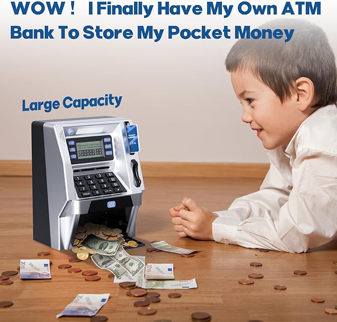 Blingbin Upgraded ATM Piggy Bank for Kids, ATM Bank Machine for Real Money with Debit Card, Bill Feeder, Coin Recognition, Balance Calculator, Electronic Saving Safe Machine Box for Boys Girls Gift