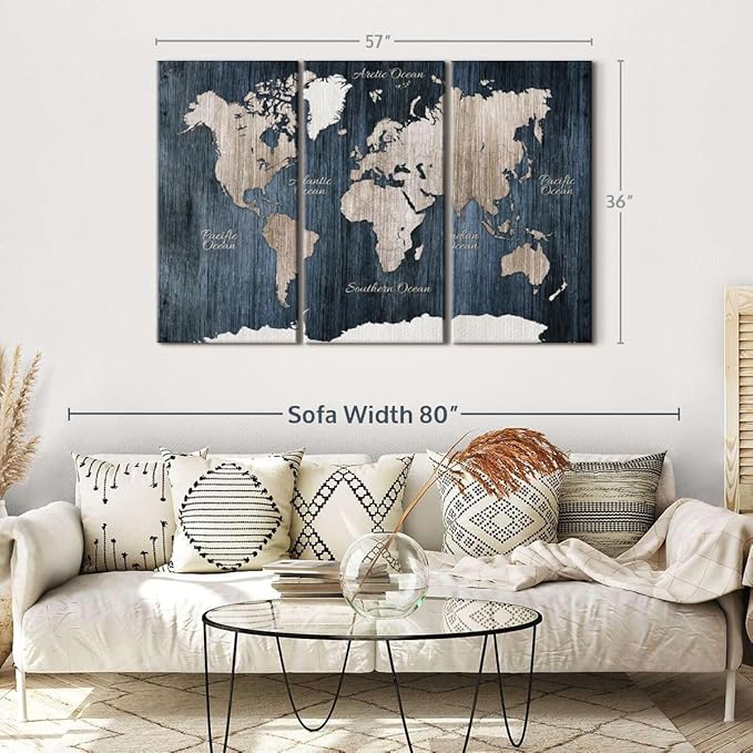 ElephantStock Aged Blue World Map I Canvas - 3 Panel Wall Decor - World Map Digital Art - Blue Wall Art - 57" X 36"