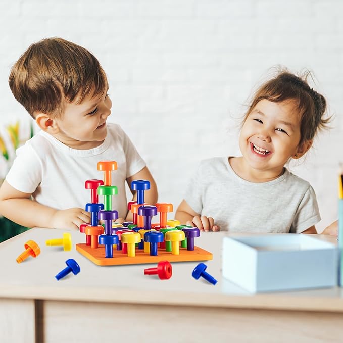 Shappy Toddler Peg Board Kids Montessori Colorful Stackable Toys 120 Pcs Pegs with 4 Foam Board 4 Sets Learning Educational Toy for Preschool Color Recognition Counting Skill with Lacing String Bag