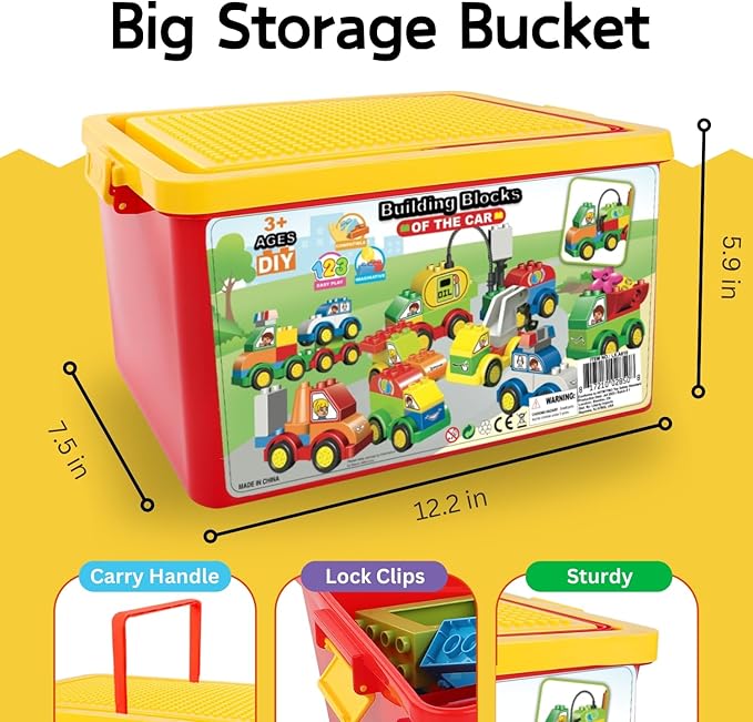 Liberty Imports 70 Pcs Toddlers Car Big Building Blocks Set, 12Pcs Different Vehicles, Kids Build Your Own Toy Cars, Compatible with Major Brands