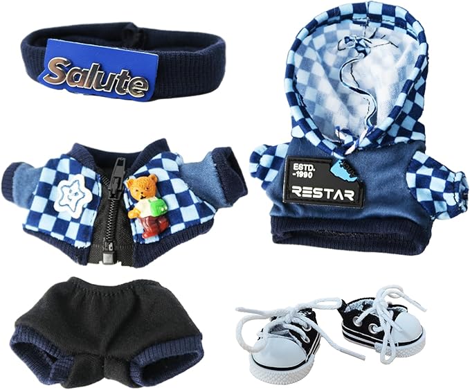 Cloth for Doll, 5-Piece Blue Streetwear Outfit for 17cm &15cm(NO Doll) – Trendy Blue Coordinated Set + Headband + Scarf + Jacket & Pants + Canvas Shoes-Handmade