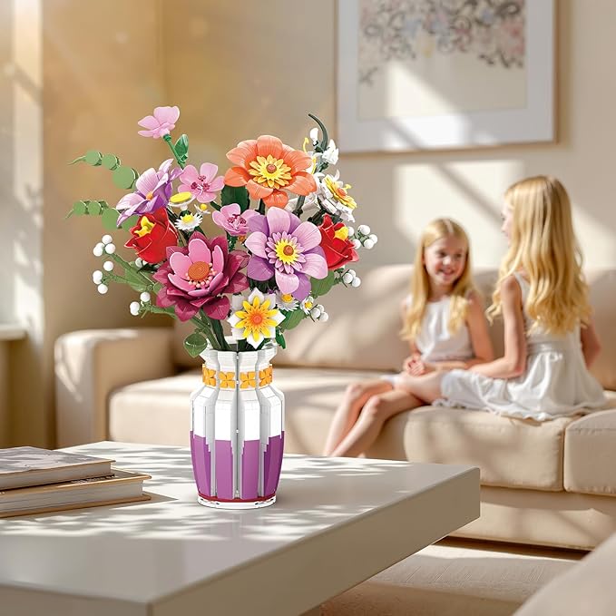 Dual-Tone Vase Flowers Bouquet Building Set, 16 Artificial Flowers Bouquet Sets for Adults & Women & Home Decor Living Room, Compatible with Lego Flowers Bouquet Botanicals Collection, 1278 PCS