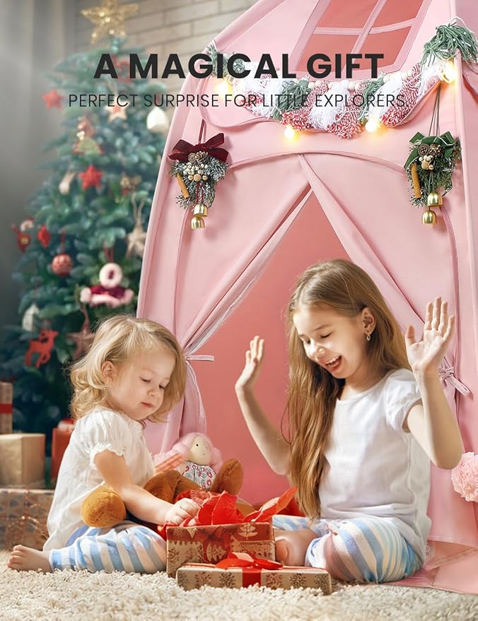 besrey Hexagonal Kids Play Tent, Large Children's Fort with Star Lights, Easy Setup for Indoor Outdoor Playhouse, Gift for Boys Girls, Pink