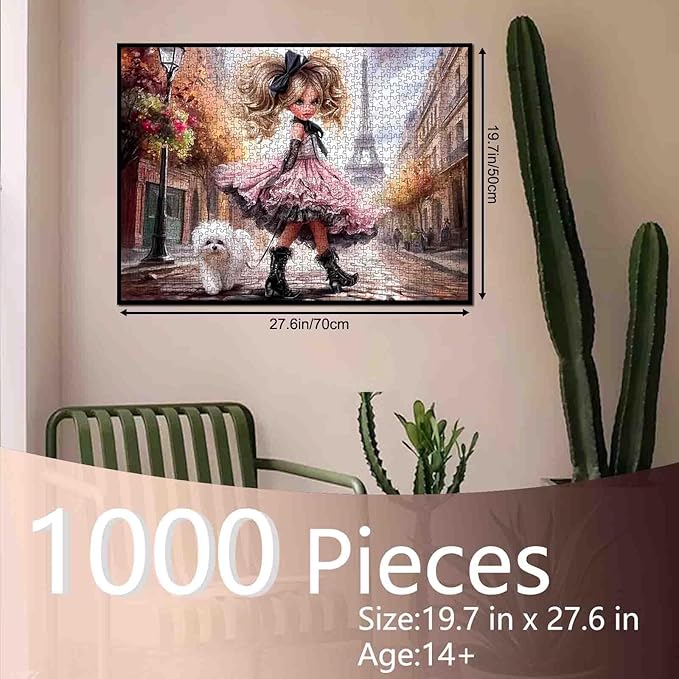 Tucocoo Paris Girl and Fluffy Dog Puzzle for Adults 1000 Piece, Art Puzzle with Eiffel Tower, Romantic Paris Street Scene Jigsaw, Challenging and Decorative Puzzle Gift, 27x20 Inch