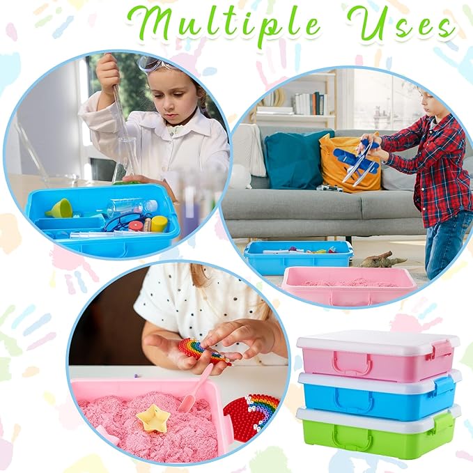 Suzile 3 Pcs Portable Sensory Bin Sand Tray with Lid, 15 Inch Colorful Plastic Sandbox Toy, Large Play Tray Fill with Sand, Water, Beads, and More, 3 Colors(Pink, Green, Blue)