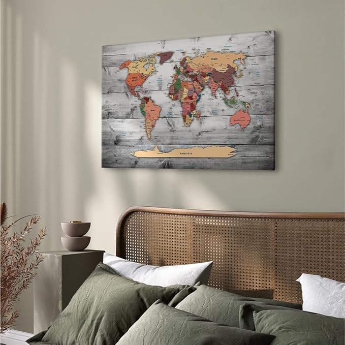 artgeist Acoustic Canvas Wall Art Print World Map 35x24 in - 1pcs Picture with Acoustic Foam Sound Print Artwork Room Acoustics Soundproofing World Travel Map Wood k-B-0009-b-c