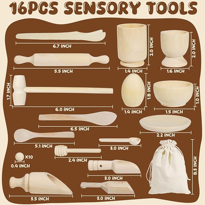 Hiawbon 25PCS Wooden Sensory Bin Tools, Wooden Tool Set, Sensory Bin Filler with Storage Bag, Bin Scoops Roller Tweezers Tongs Cups for Counting Sorting Hammering Pounding