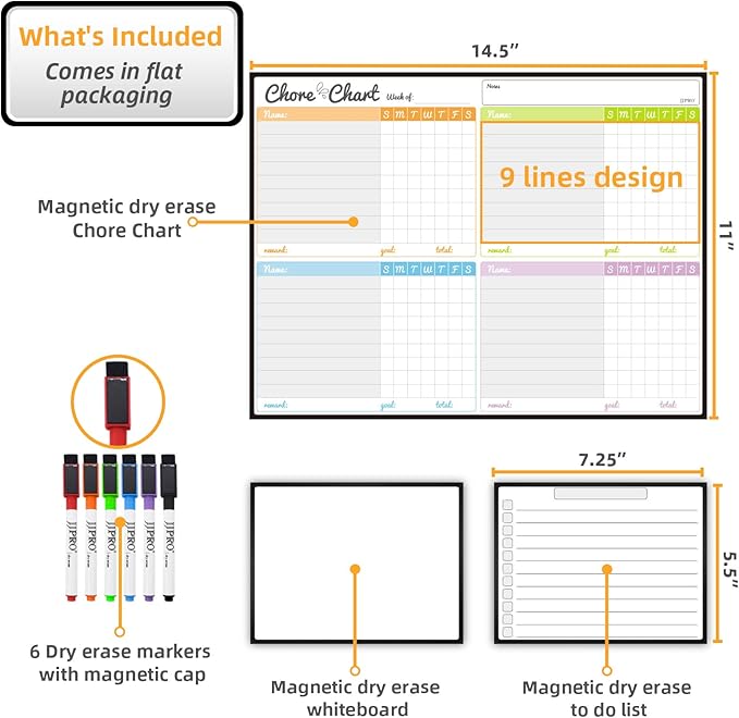 JJPRO Magnetic Dry Erase Chore Chart Set for Fridge-Used for Multiple Kids-One Chore Chart and Two Bonus Dry Erase Pad/Grocery Boards-Behavior Chart for Multiple Kids