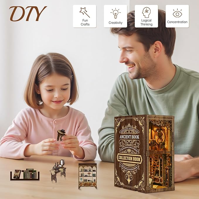 Book Nook Kit - DIY Enchanted Cottage Miniature House for Adults & Teens, 3D Wooden Puzzle Booknook with LED Lights, Bookshelf Insert Decor & Creative Model Building（Antique Books Collection Room）