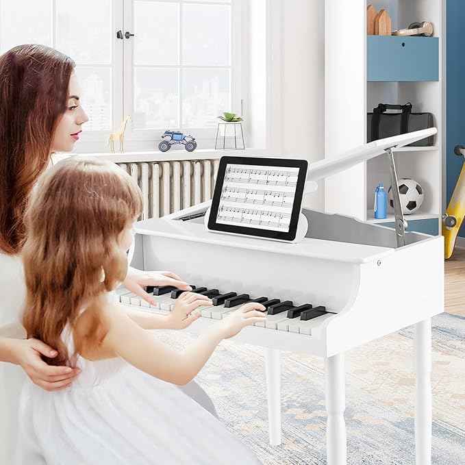 Goplus 30-Key Classical Kids Piano, Mini Grand Piano Wooden Learn-to-Play Musical Instrument Toy with Bench, Piano Lid, Music Rack, Gift for Boys Girls Aged 2+ Baby Toddler(4 Straight Leg-White)