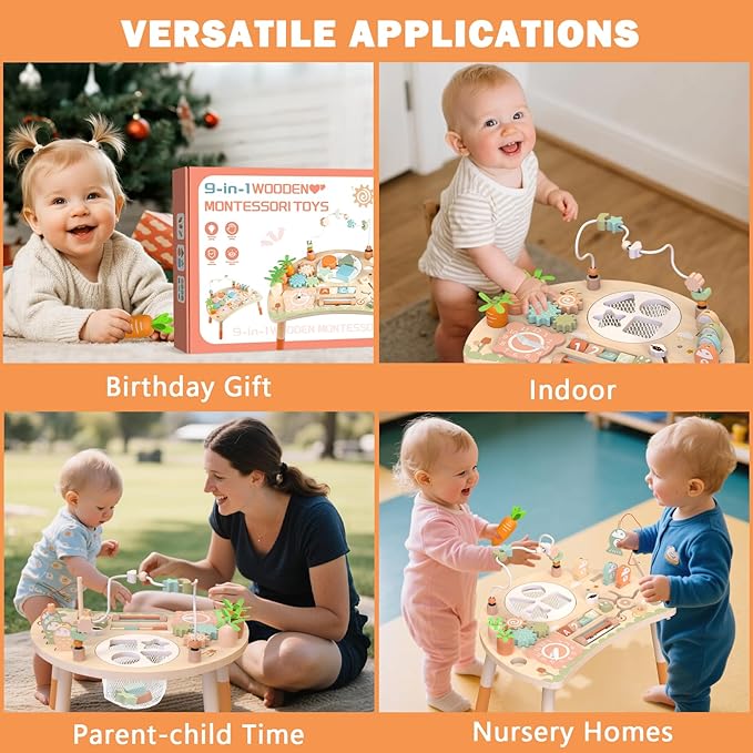 Activity Table for 1+ Year Old, 9-in-1 Montessori Wooden Activity Center with Shape Sorter Fishing Game Bead Maze, Baby Play Table Sensory Educational Toys for Toddler (Natural)