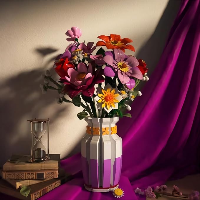 Dual-Tone Vase Flowers Bouquet Building Set, 16 Artificial Flowers Bouquet Sets for Adults & Women & Home Decor Living Room, Compatible with Lego Flowers Bouquet Botanicals Collection, 1278 PCS