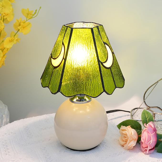 Mushroom Lamp Tiffany Stained Glass Moon lamp Cute Small Bedside Table Lamps for Living Room Home Decor,Girls Women Birthday Christmas Thanksgiving Day Gift,Green