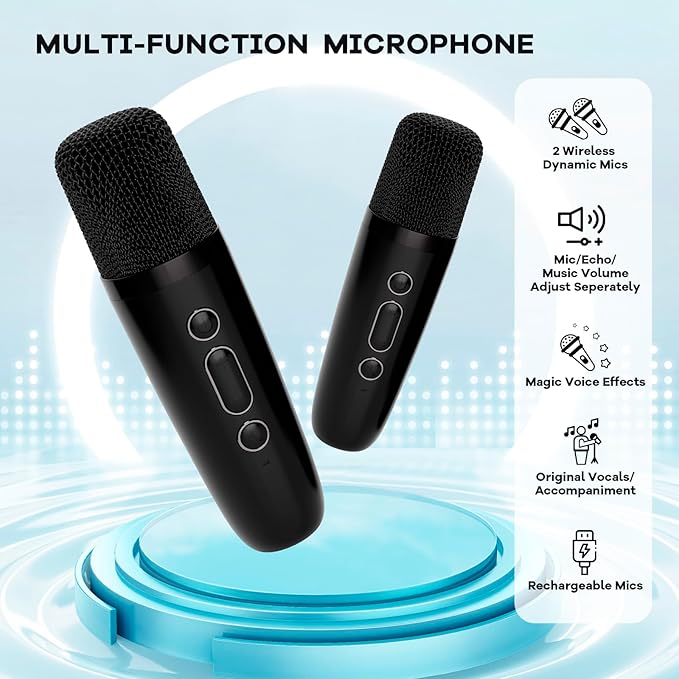 Mini Karaoke Machine with 2 Wireless Microphones for Kids Adults, Portable Bluetooth Speaker, Popular Gift for 3, 4, 5, 6, 7, 8, 9, 10, 11, 12, 13+ Years Old Teens Birthday for Boys Home(Black)