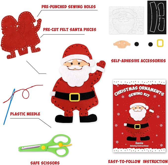CiyvoLyeen Christmas Sewing Kit for Kids Felt Christmas Ornaments Craft Supplies DIY Activity for Girls and Boys Educational Sewing Gift for Child Set of 12
