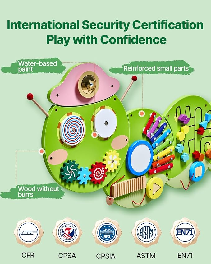 VEVOR Caterpillar Activity Wall Busy Board, 12 Activities Board, Montessori Sensory Panel for Kids 3-12 Years, Sensory Wall Activity Panel, Ideal for Toddler Playroom Nursery Classroom