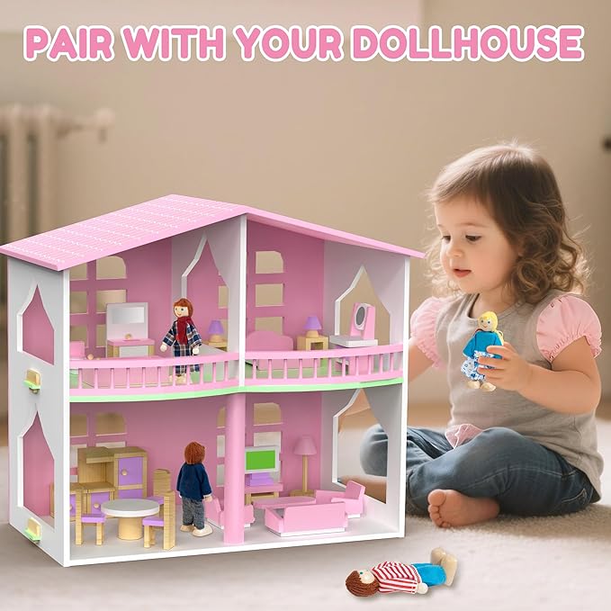 26pcs Wooden Dollhouse Furniture Set with 4 Family Dolls, Pink Dollhouse Accessories for 4 Rooms, Pretend Play Furniture Toy, Birthday Gift for Girls Boys Age 3 4 5 6 Years Old