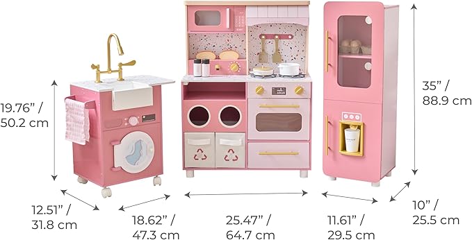 Teamson Little Chef Savannah Wooden Montessori Pretend Play Kitchen for Toddlers Kids Ages 3+ Modular Three-Piece Set with Sink Cart Stove & Fridge for Boys and Girls Playset – Pink
