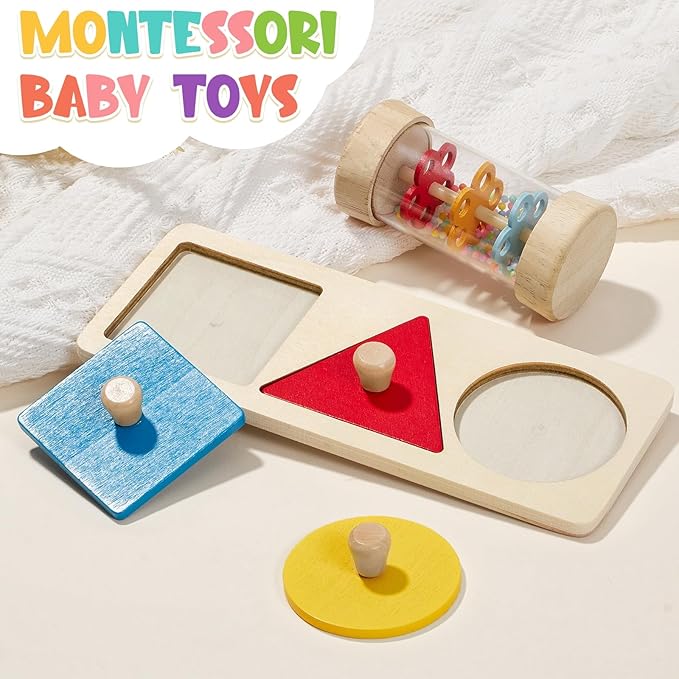 Toyssa Wooden Montessori Toys for Babies 6-12 months with Rainbow Color and Mirror Spinning Drum/Baby Shape puzzle 6-12 months/Sensory Toys Rain Rattle, Montessori Toys Gifts for Toddlers 1 Years Old