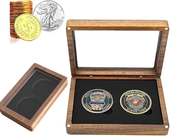 Challenge Coin Display Case Single Coin Display Box Two 1.81" Coin Holder Walnut Wood Coin Box Silver Dollar Coins Storage Box, Coins for Collectors with DIY Adjustable Gasket