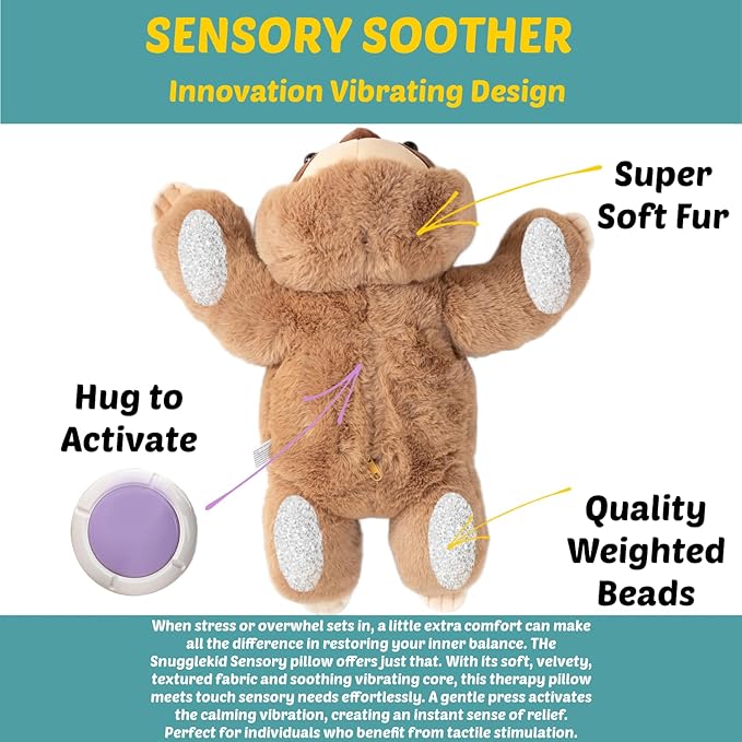 Sloth Sensory Weighted Vibrating Pillow, Pressure Activated for Kids Adults, Plush Minky Soft Size: 11 by 20 inches Pillow Animal, Calming Therapy for Focus and Balance for Gift Birthday