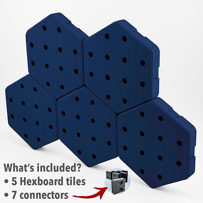 Hexagon Pegboard Tiles, 4.5"x4" each, 5-Pack, Normal-Sized Holes, Make Custom Designs, Easiest to Mount, Expand Existing Pegboard or Fill In Unused Space, Hexboard (Starry Blue, 4 Inch)