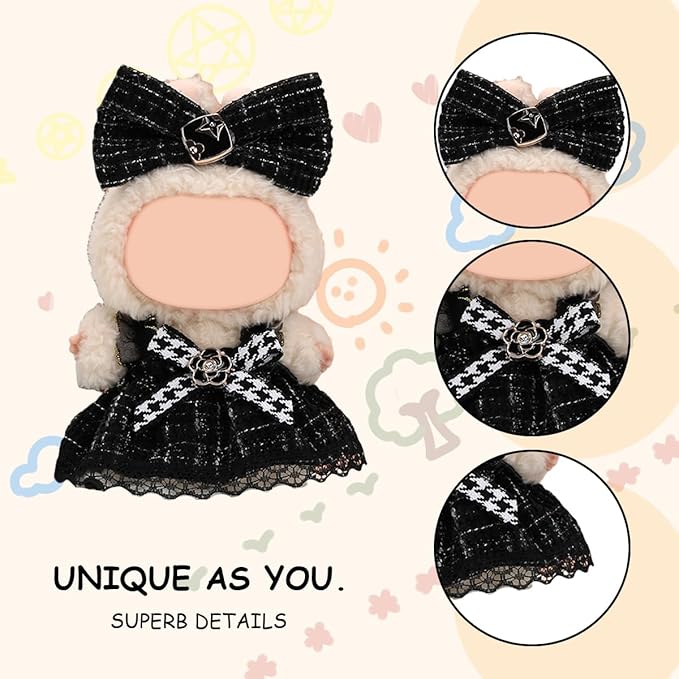 17cm Doll Clothes Set, Premium Jeans & Knitted Sweater Outfit for 17cm 15cm Dolls, Cute Dress Up Fashion, No Doll Included (Black Dress, 17cm/15cm)