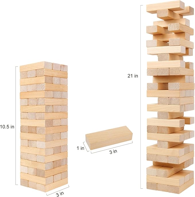 GOTHINK Tumble Tower Game for Kids and Adults, 54pcs Wooden Board Stacking Game for Family Games Night, Classical Wood Blocks Game, Standard Size with Storage Bag