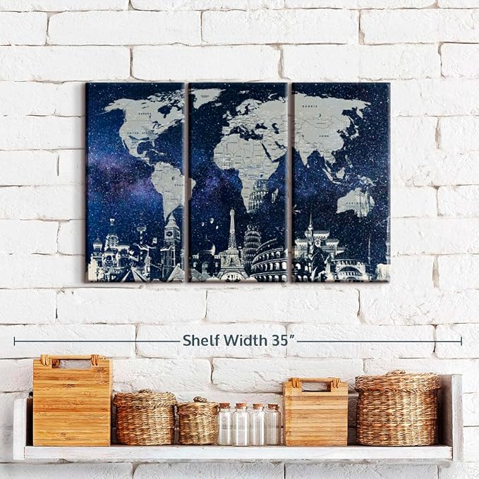 ElephantStock Starry World Map Multi Piece Canvas - 3 Panel Wall Decor - Map of the World Art - Canvas for the Office and Home - 23" X 14"
