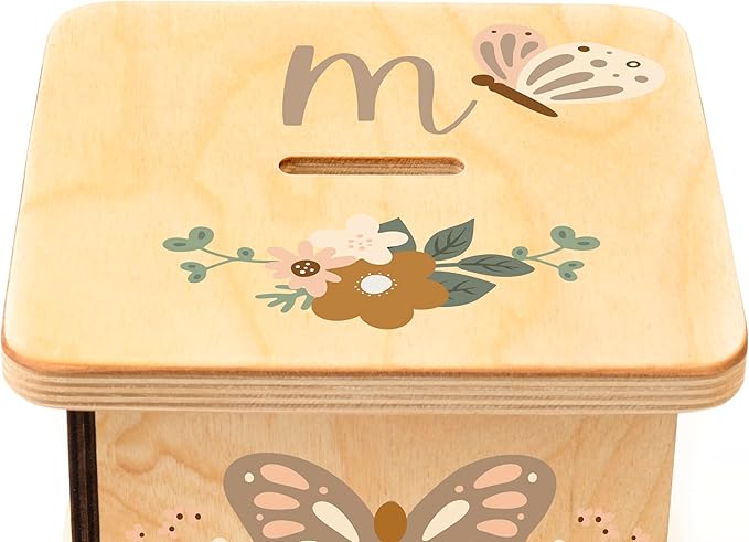 Wooden Piggy Bank for Kids and Adults, Personalized Gift Handmade in USA by BloomOwl, Custom Piggy Bank, Personalized Banks for Kids, Gifts for Baby Boys and Girls (Butterfly)