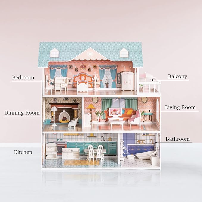 ROBOTIME Doll House Wooden Dollhouse for Kids 3 4 5 6 Years Old, Doll House w/28PCS Furniture Plastic, for 3.3”Dolls, Birthday Presents for Toddler 3+