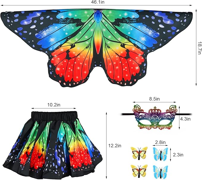 Butterfly Costume for Girls Fairy Wings Kids 4 Pcs(Cape,Skirts,Masks,Hair Clips) Butterfly Wings for Halloween Gifts