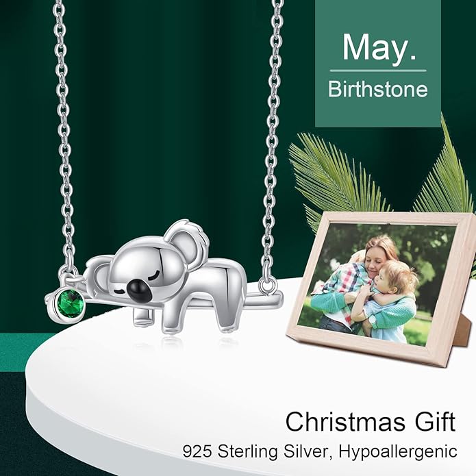 JUSTKIDSTOY Koala Necklace Sterling Silver Cute Animal Koala Bear Birthstone Necklace Jewelry Christmas Birthday Gifts for Women Girls