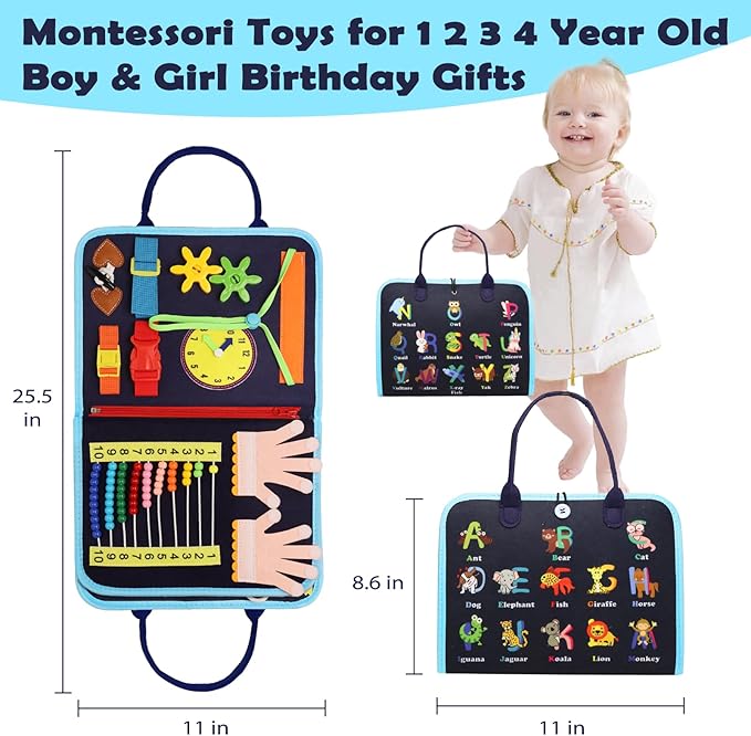 MAJAVI Toddler Busy Board Montessori Educational Learning Sensory Toys for 1 2 3 4 Year Old, Felt Busy Book Christmas Birthday Gifts for Toddlers Travel Toys for Airplane Car, Black