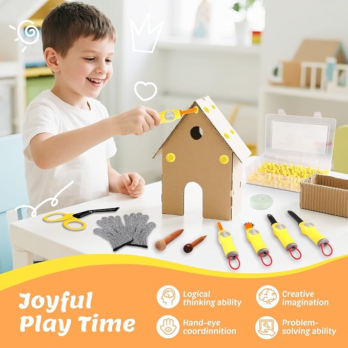Cardboard Cutter Tools for Kids - 153 Pcs Kid Safe Cardboard Cutter with Saws, Fold-Roller, Gloves & More, STEM Educational Construction Toys Gift for 5 6 7 8 Year Old Boys Girls