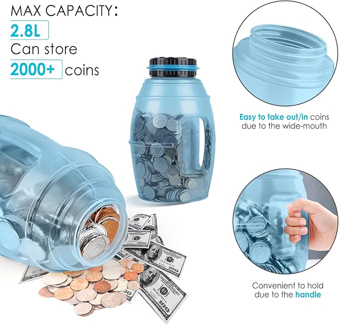X-Large Piggy Bank for Adults, Vcertcpl Digital Counting Bank with LCD Counter, 2.8L Capacity Coin Bank Money Jar, Designed for All US Coins (Blue2)