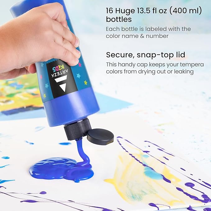 ARTEZA 16 Kids Tempera Paint Set, 13.5 oz/400 ml, Non-Toxic Washable Tempera Paint Bottles, Kids Art Supplies