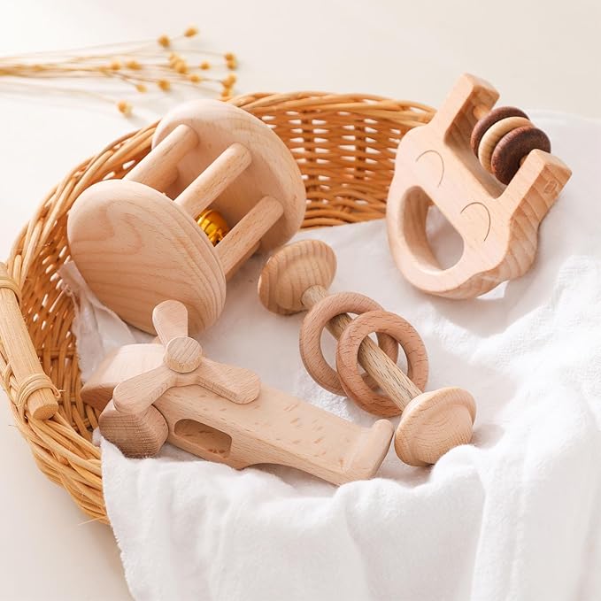 Wooden Baby Rattle Set, Newborn Wooden Rattle Toy, Natural Wooden Montessori Baby Grip Toy, Baby Gift Toy, Wood Rattle Set-1
