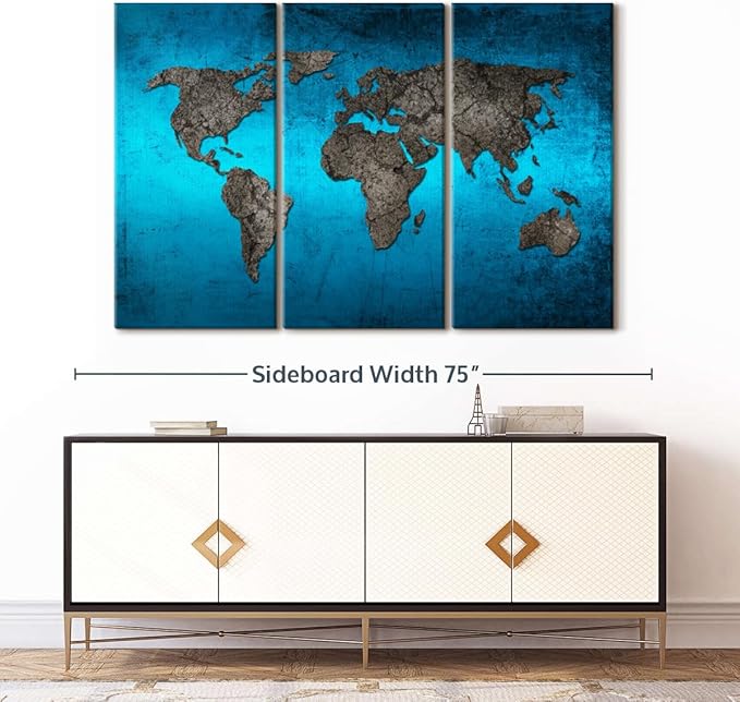 ElephantStock Ocean World Map Multi Piece Canvas - 3 Panel Wall Decor - Map of the World Art - Canvas for the Office and Home - 65" X 42"