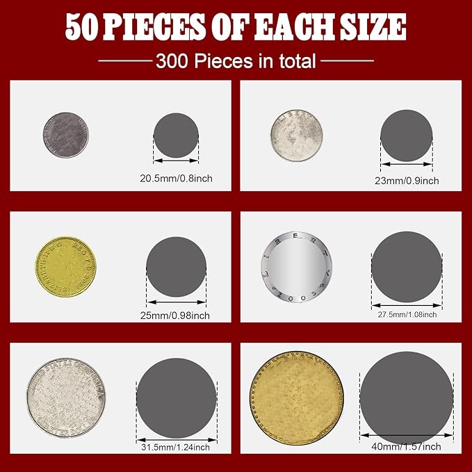 Teling 303 Pieces Coin Flips 3 Pcs 2 x 2 Inch Coin Storage Boxes 300 Pcs Cardboard Holders in 6 Sizes Collection Supplies for Collectors(Red)