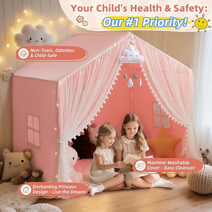 Large Kids Play Tent, 55.1in Length, Fits 3-4 Children,Indoor Playhouse for Kids, with Padded Mat and Lights, Bed Tent for Toddler, Birthday for Boys Girls
