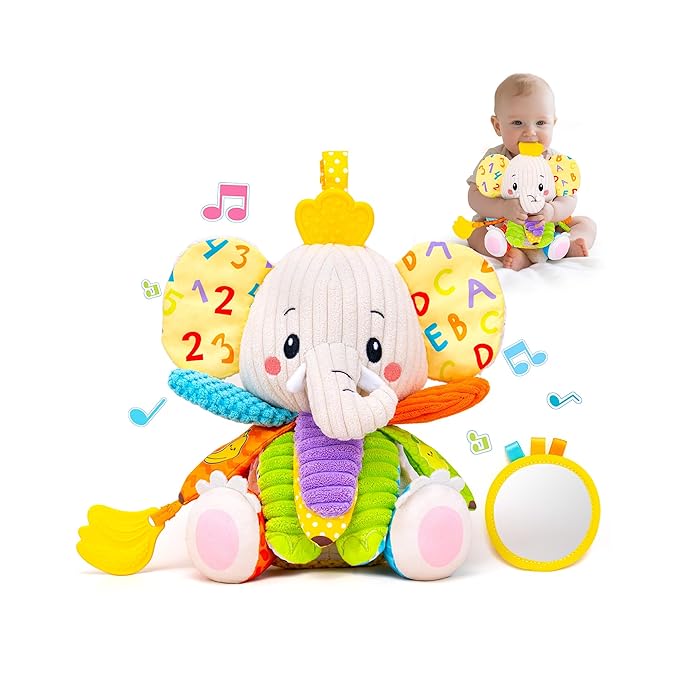 Baby Toys 3-6 Months, Musical Stuffed Elephant Toddler Toy for Newborn Infant 3 6 9 12 Months, Tummy Time Toys Montessori Sensory Toys 0-6 6-12 Months, Crinkle Paper, Mirror Soothing Music Shower Gift